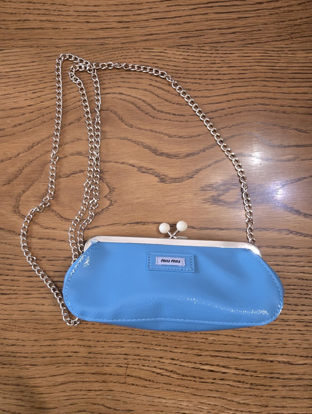 Miu Miu Turquoise Patent Leather Kiss-Lock Wristlet with Silver Chain